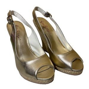 Lilly Pulitzer Kristin Slingback Peep Toe Metallic Gold Wedge Sandals